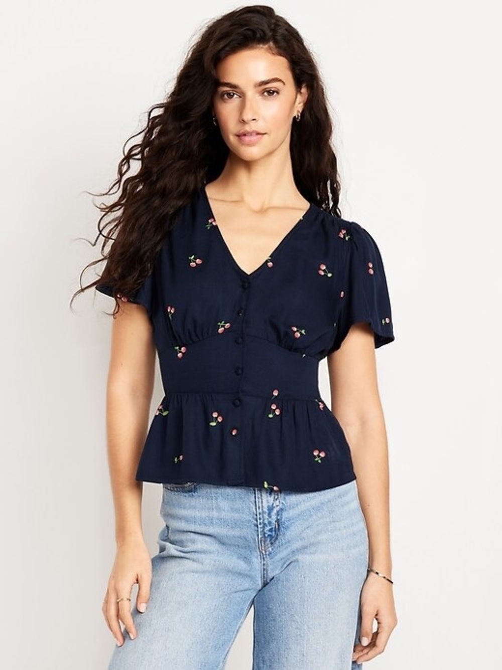 Old Navy, Navy Blue Cherry-Print Button Front Peplum Blouse